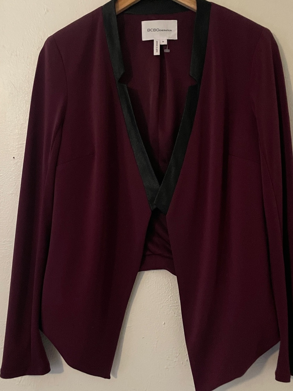 BCBGeneration Deep Maroon Black Faux Leather Trim Draped Blazer Size M